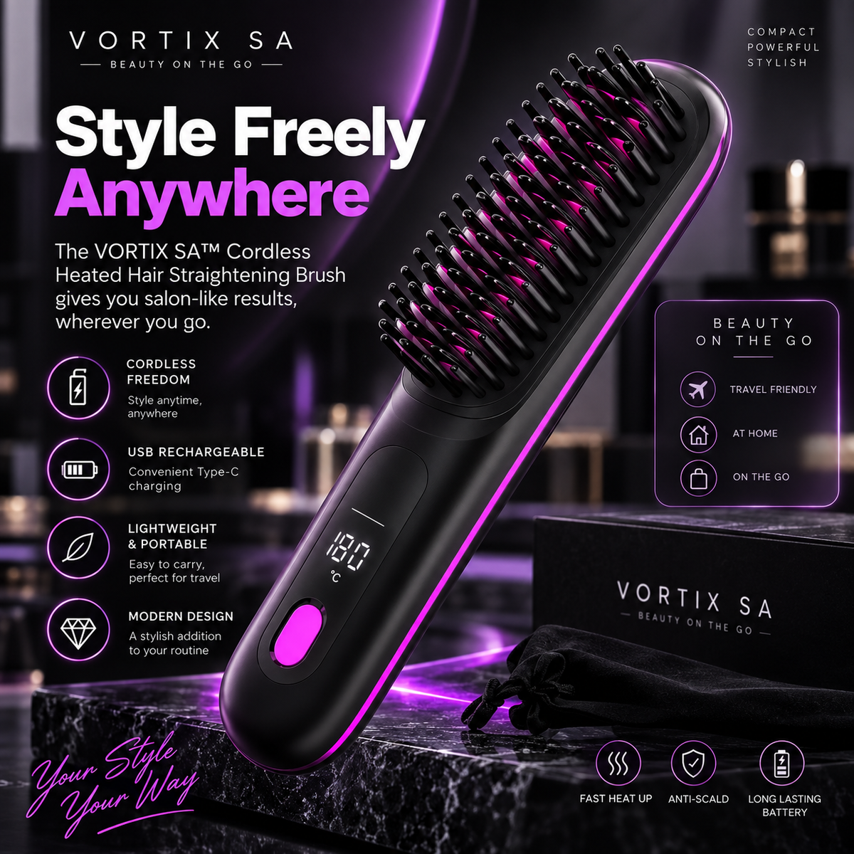 Vortix SA™ Cordless Heated Hair Straightening Brush