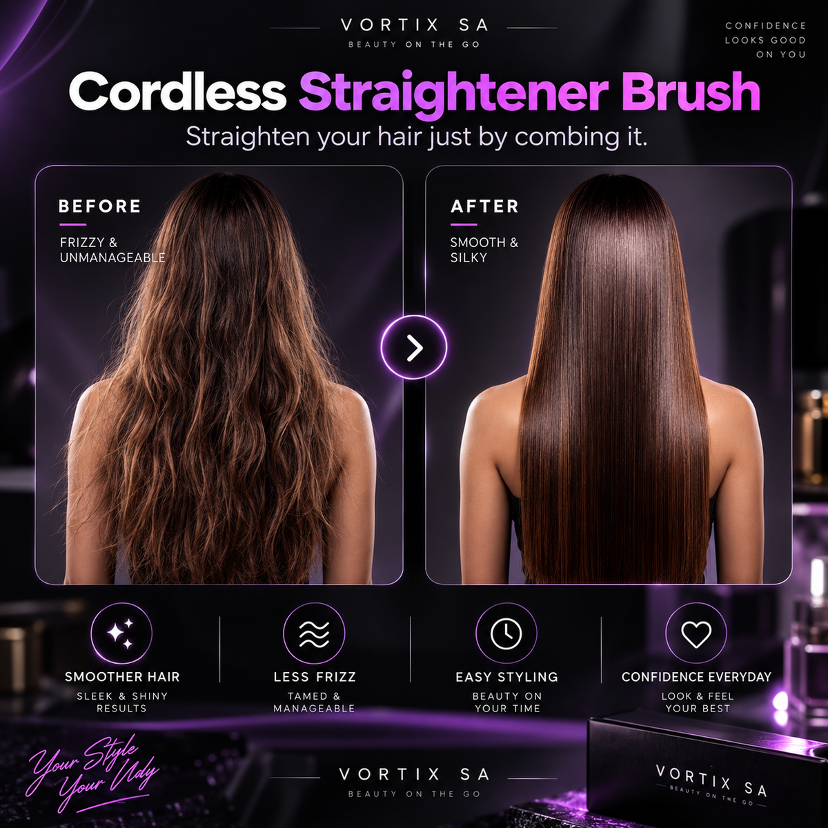 Vortix SA™ Cordless Heated Hair Straightening Brush