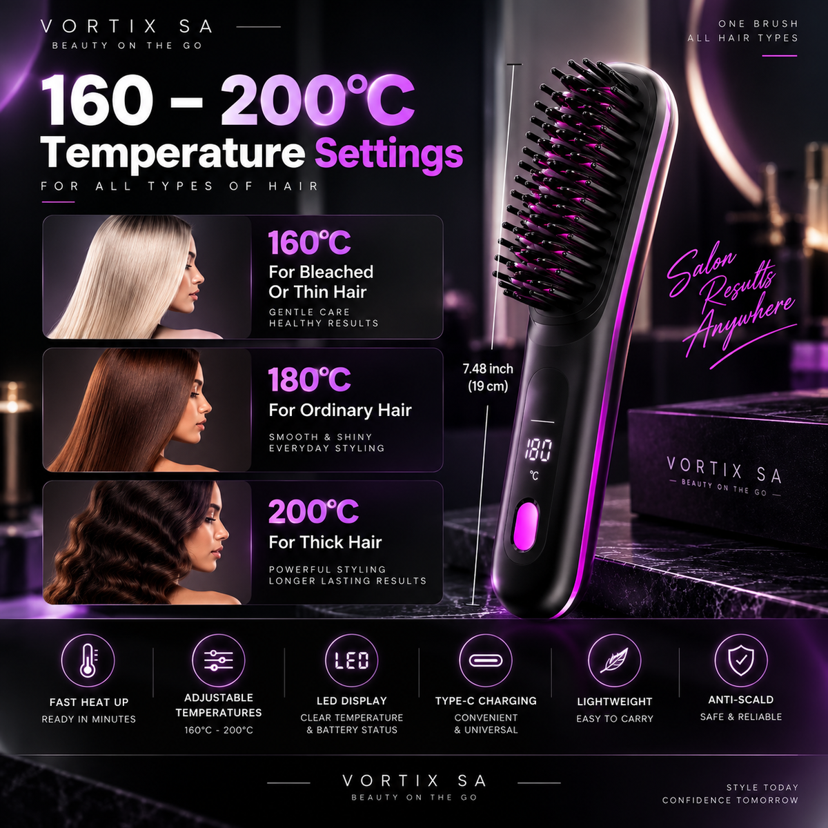 Vortix SA™ Cordless Heated Hair Straightening Brush
