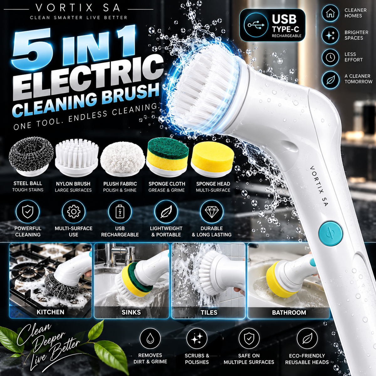VORTIX SA™ SpinScrub Pro Electric Spin Scrubber